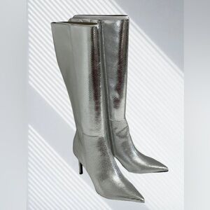 Guess Women Richee Tall Shafted Pointy Toe Knee High Dress Boots 10 Silver Snake